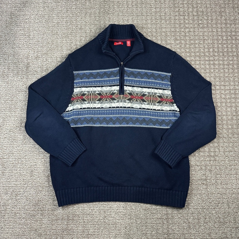 IZOD Mens XL Navy Blue Fair Isle 1/4 Zip Cotton Knit Pullover Sweater